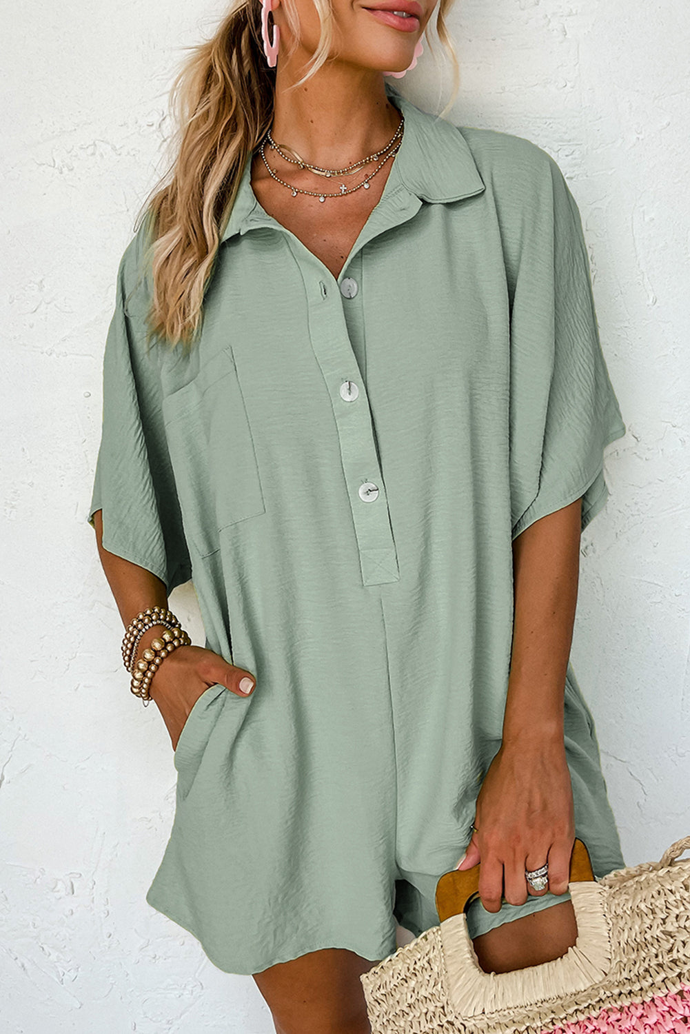 Shane Half Button Collared Loose Romper