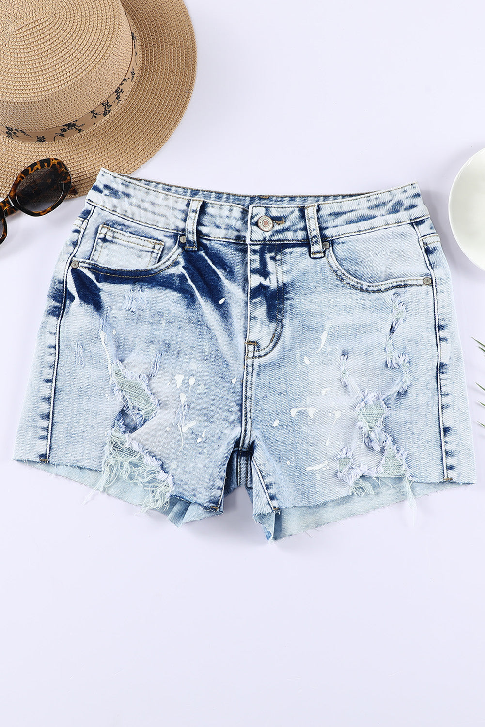 Sky Distressed Bleached Denim Shorts
