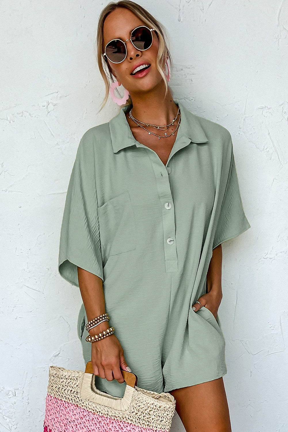 Shane Half Button Collared Loose Romper