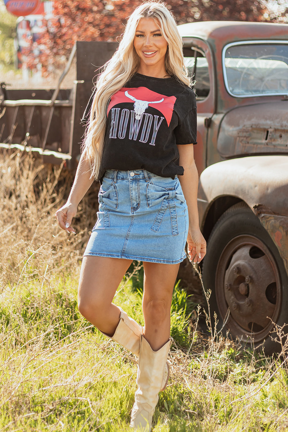 Blue Ridge Acid Wash Bowknot Denim Skirt