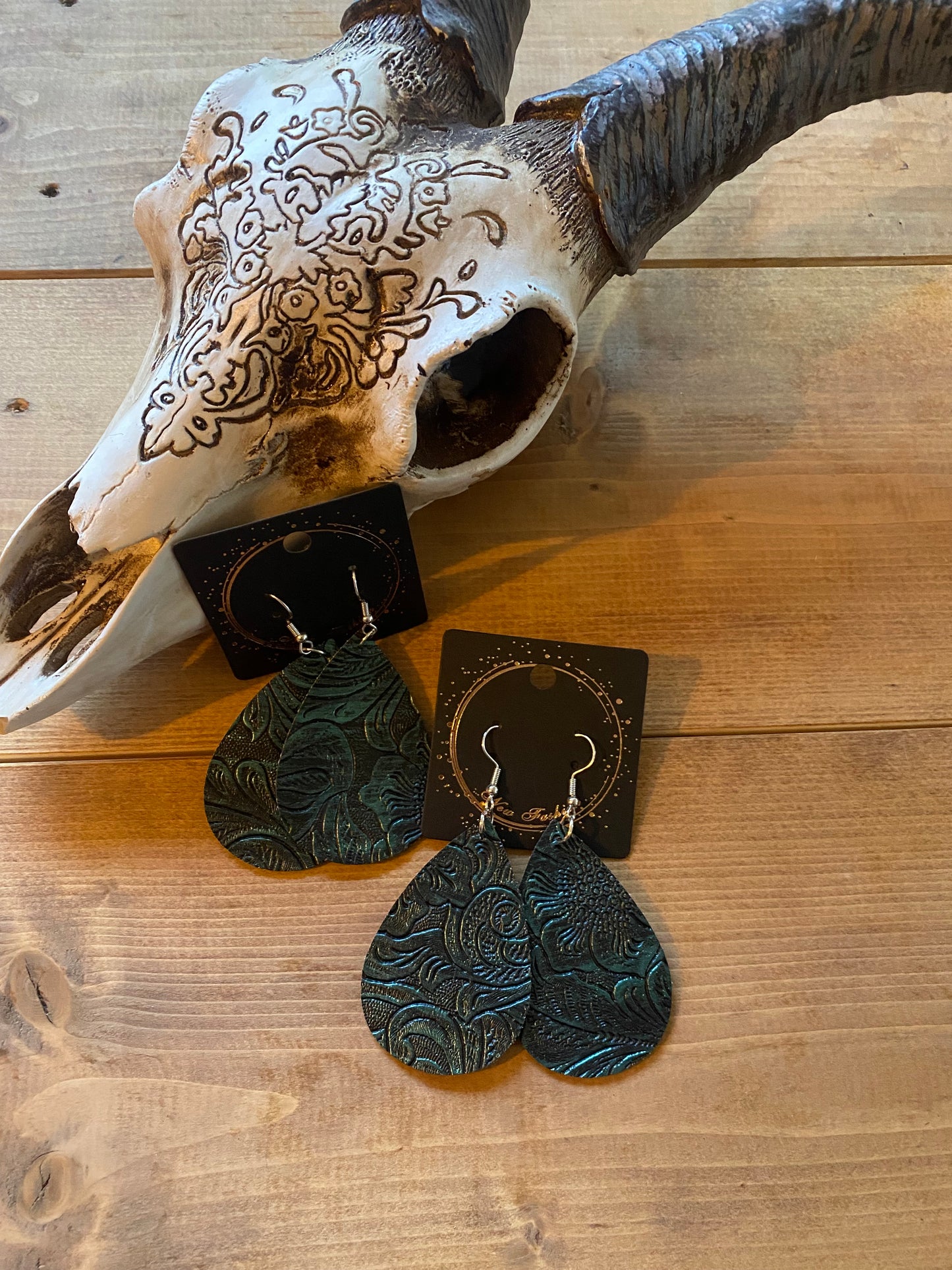 Teal Tooled Drop Earrings