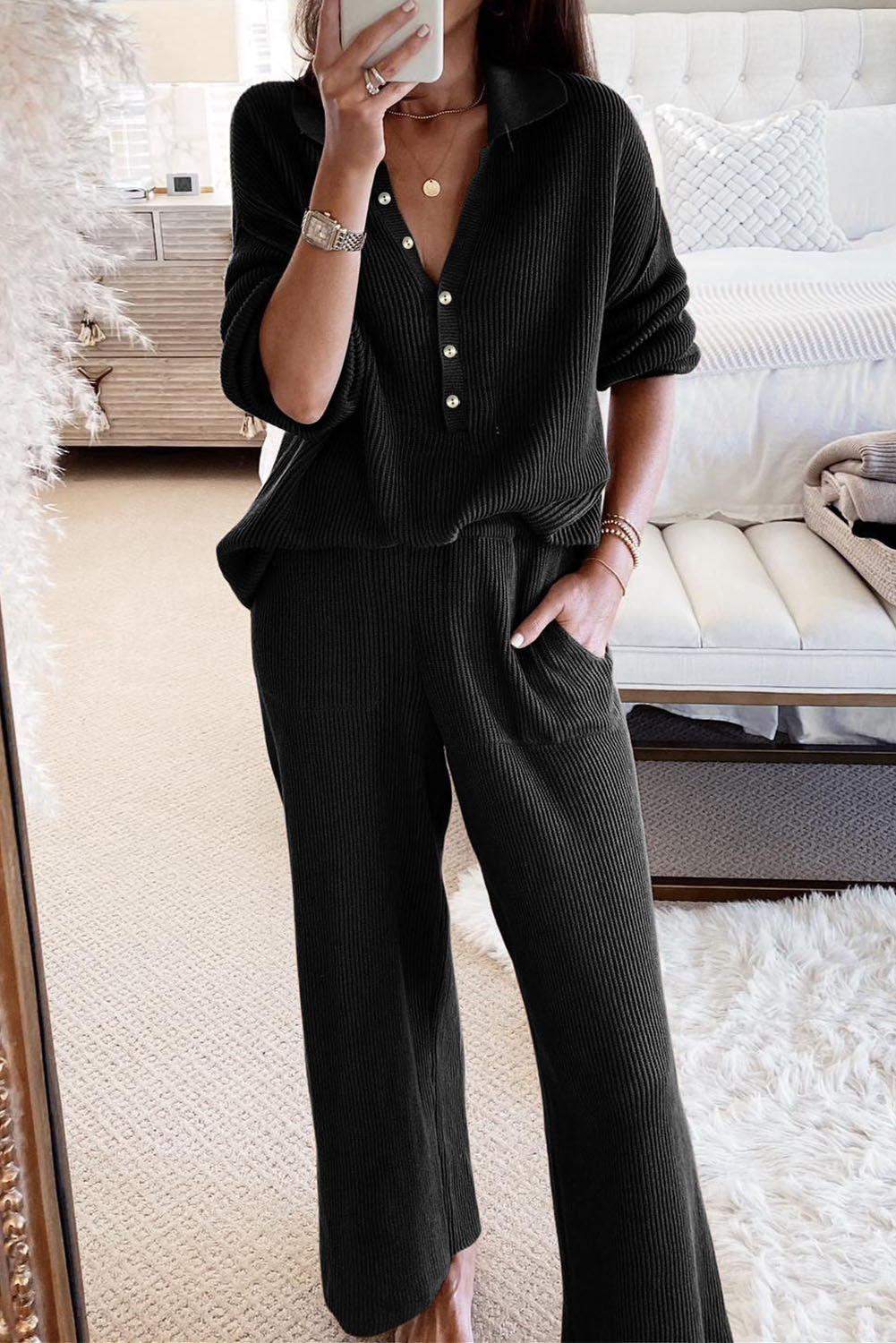 Rue Knit Collared Henley Top and Pants Lounge Outfit