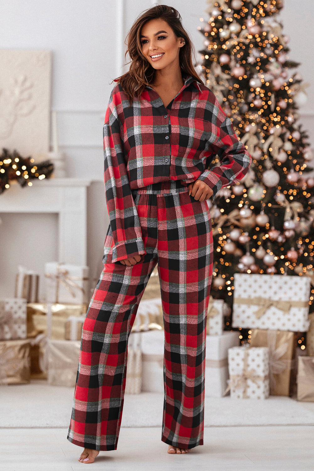 Jolly Christmas Checkered Pattern Shirt and Pants Lounge Set