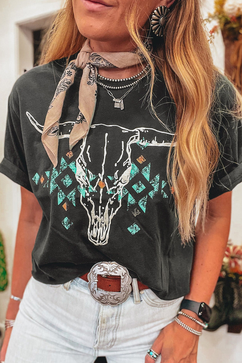 Vintage Western Bull Head Skull Turquoise T Shirt