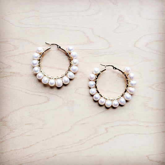 Wire Wrapped Freshwater Pearl Beaded Hoop Earrings 221b-0