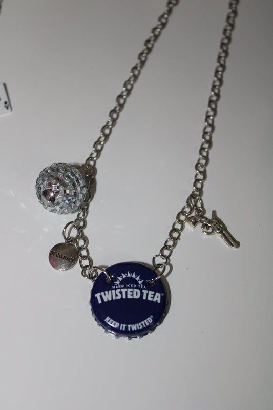 Twisted tea bottle cap necklace