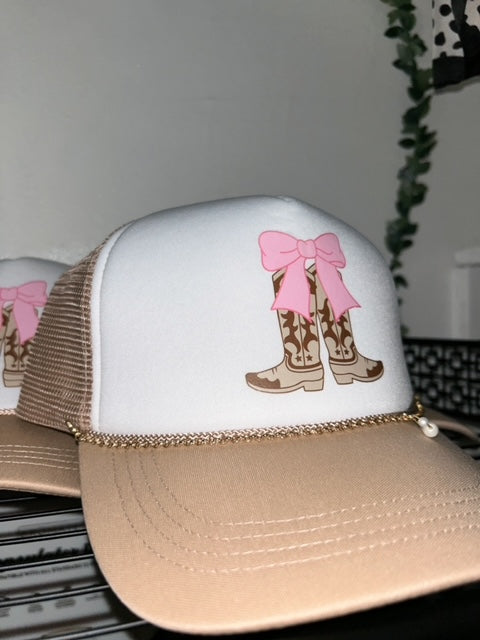 Pink Bow Cowboy Boot Trucker Hat