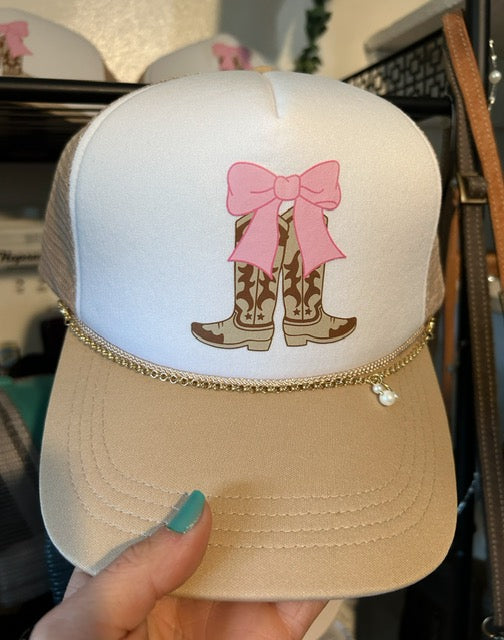 Pink Bow Cowboy Boot Trucker Hat