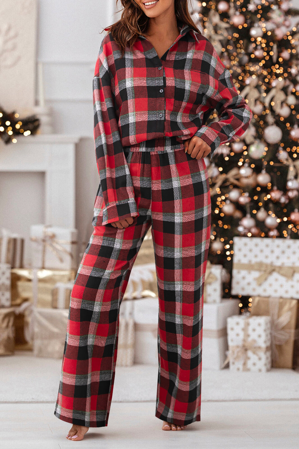 Jolly Christmas Checkered Pattern Shirt and Pants Lounge Set