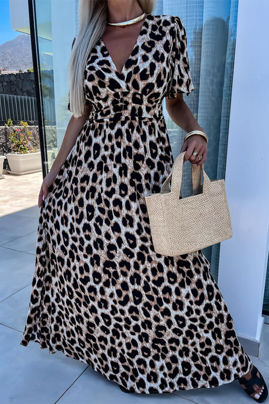 Zara Leopard Cinched High Waist Open Back Maxi Dress