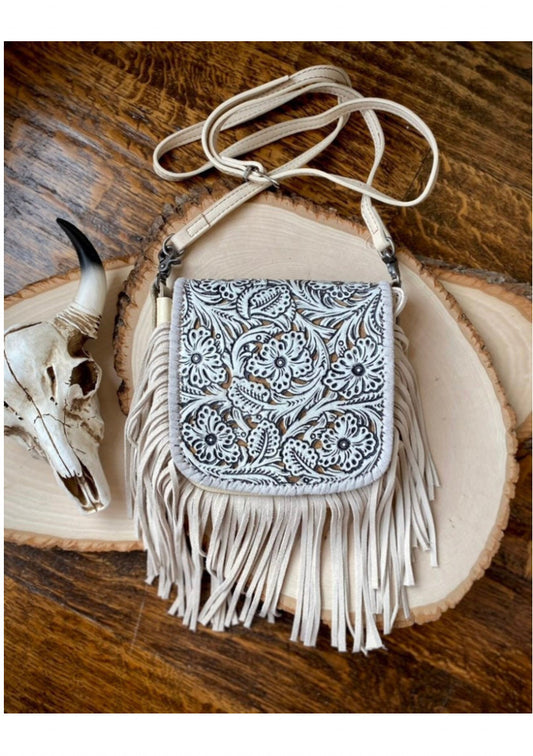 Amy Leather Lasercut with Fringe Crossbody Purse